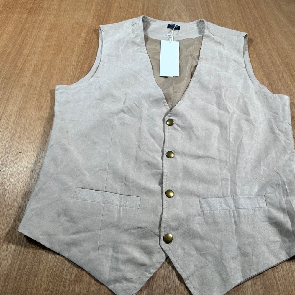Coofandy Faux Suede Vest Mens Large Tan Western Cowboy Waistcoat NWT